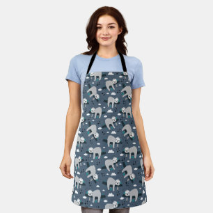 cute adorable gray sloth pattern blue background apron