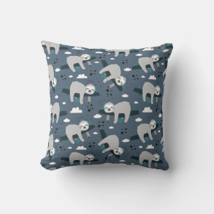 cute adorable gray sloth pattern blue background cushion