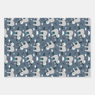 cute adorable gray sloth pattern blue background wrapping paper sheet
