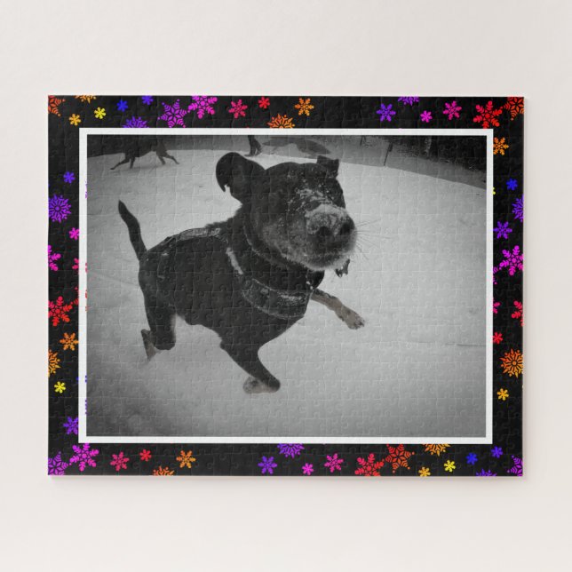 Cute Adorable Happy Dog Black Lab Shepherd Snow Jigsaw Puzzle (Horizontal)