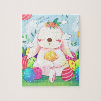 Cute Adorable Happy Easter Bunny and Eggs Jigsaw Puzzle