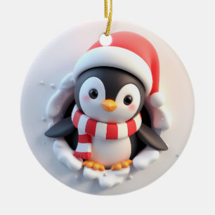 Cute Adorable Holiday Penguin Bursting Out Ceramic Tree Decoration