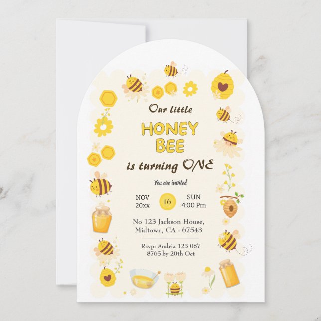 Cute adorable Honey Bee themed 1st birthday Invitation (Front)