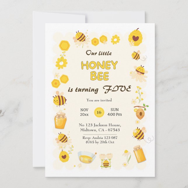 Cute adorable Honey Bee themed 5th birthday Invitation (Front)