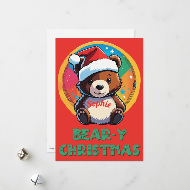 Cute Adorable Kawaii Chibi Bear-y Christmas Bear Holiday Card (Front/Back In Situ)