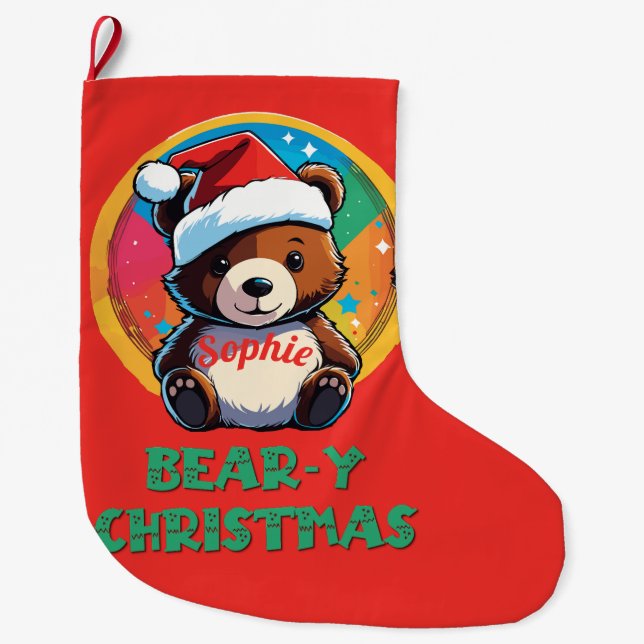 Cute Adorable Kawaii Chibi Bear-y Christmas Bear Large Christmas Stocking (Front)