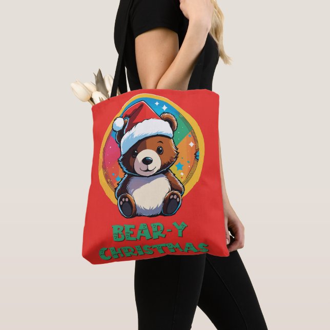 Cute Adorable Kawaii Chibi Bear-y Christmas Bear Tote Bag (Close Up)