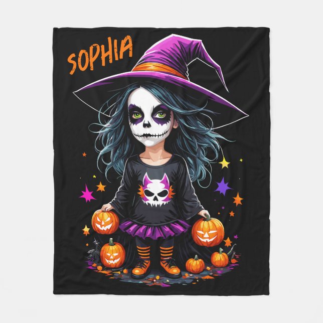 Cute Adorable Kawaii Halloween Witch Fleece Blanket (Front)