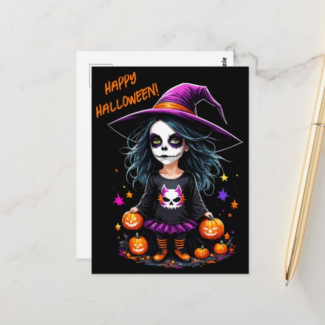 Cute Adorable Kawaii Halloween Witch Postcard (Front/Back In Situ)