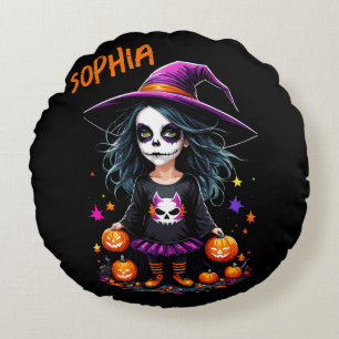 Cute Adorable Kawaii Halloween Witch Round Cushion