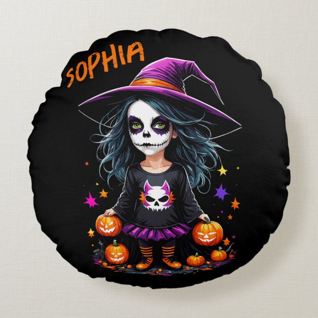 Cute Adorable Kawaii Halloween Witch Round Cushion (Front)