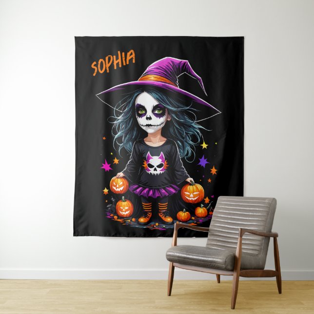 Cute Adorable Kawaii Halloween Witch Tapestry (In Situ)