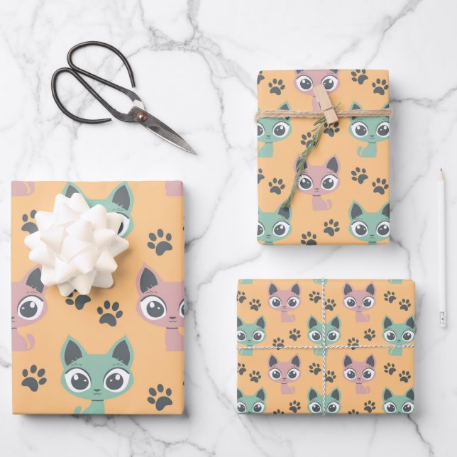 Cute Adorable Kitten Animated Cat Cartoon Big Eyes Wrapping Paper Sheet (Front)