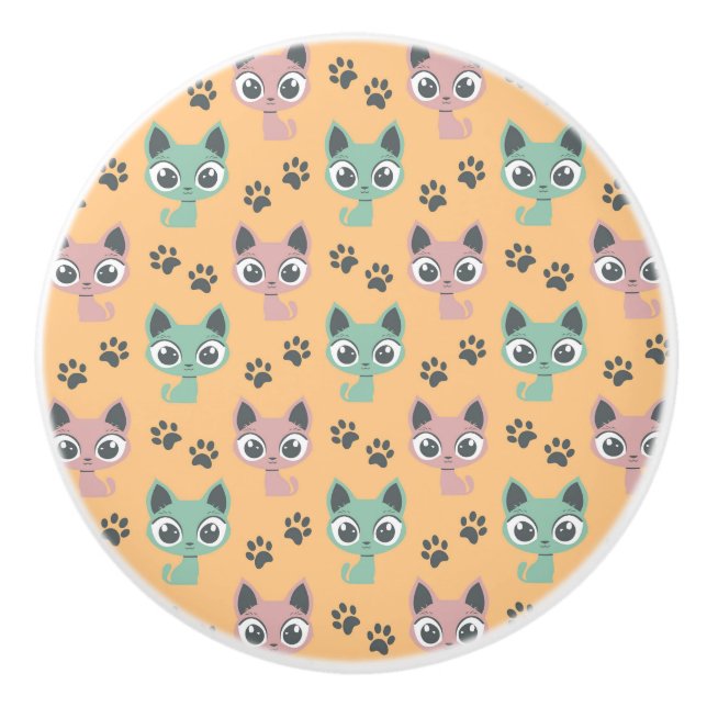 Cute Adorable Kitten Big Eyes Cat Paw Pattern Ceramic Knob (Front)