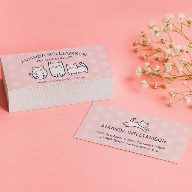Cute Adorable Kitty Cat Pet Care Services Pink Business Card (Creator Uploaded)
