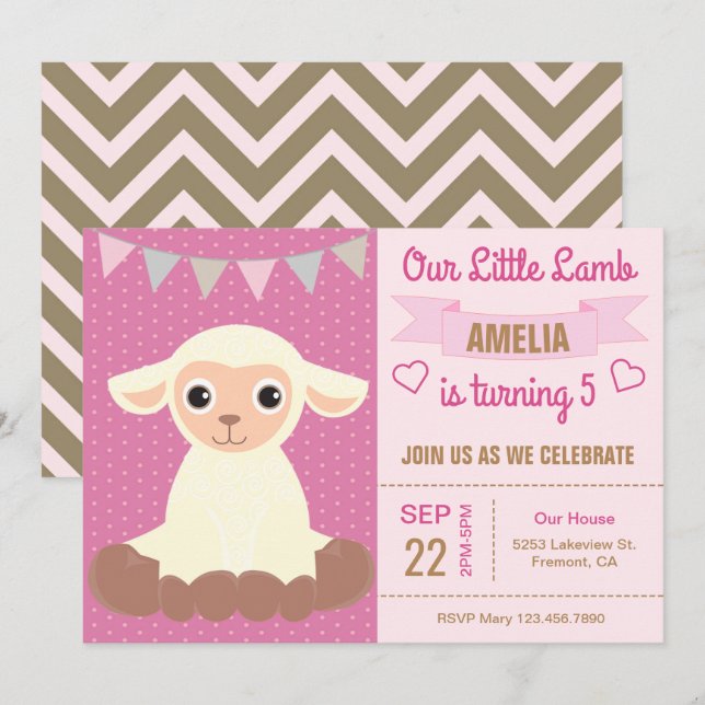 Cute Adorable Lamb Kids Birthday Party Invitation (Front/Back)