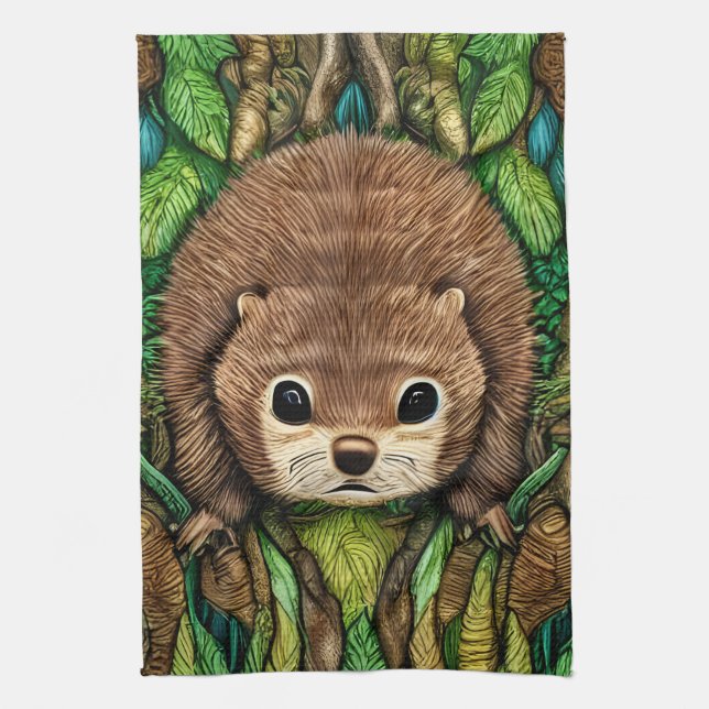 Cute Adorable Little Baby Beaver Tea Towel (Vertical)
