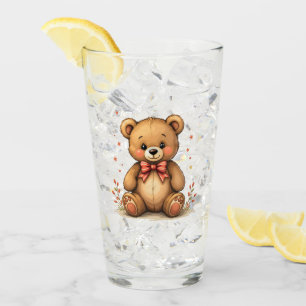 Cute adorable little brown bear with tie glass