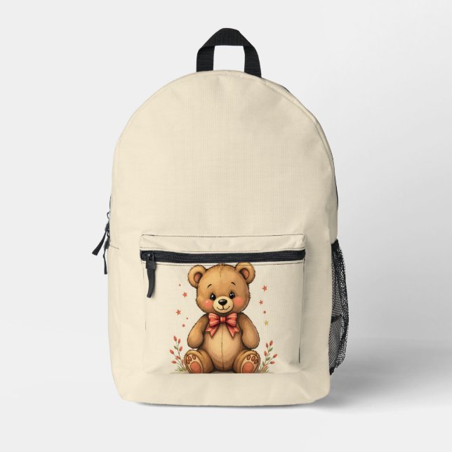 Cute adorable little brown bear with tie printed backpack (Front)