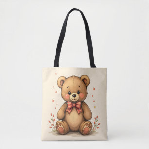Cute adorable little brown bear with tie tote bag