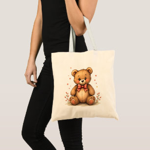 Cute adorable little brown bear with tie tote bag