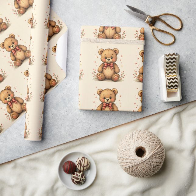 Cute adorable little brown bear with tie wrapping paper (Crafts)