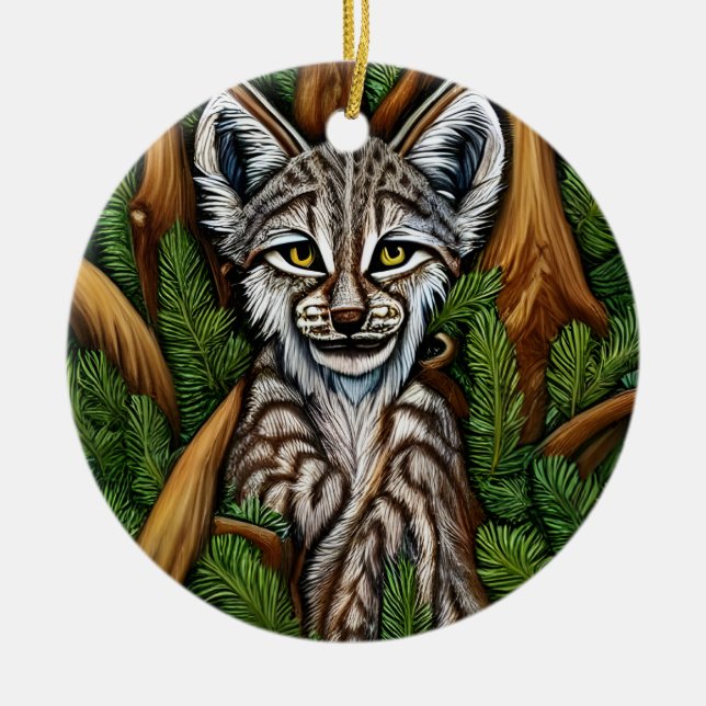 Cute Adorable Little Lynx Kitten Ceramic Tree Decoration (Front)