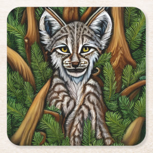 Cute Adorable Little Lynx Kitten Square Paper Coaster