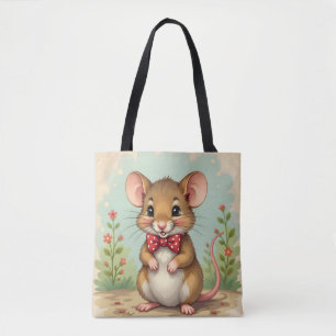 Cute adorable little mouse with tie tote bag
