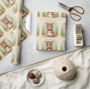 Cute adorable little mouse with tie wrapping paper