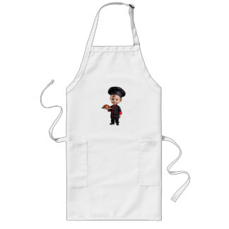 Cute adorable miniature chef boy holding entree long apron