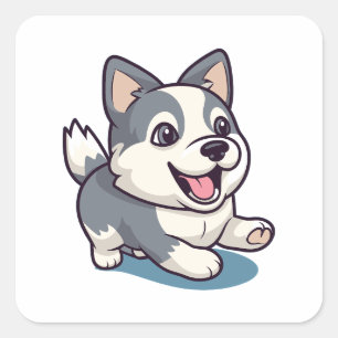 Cute Adorable Modern Cartoon Husky Dog Square Sticker