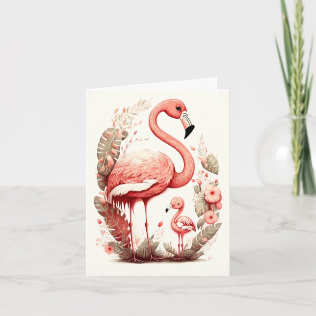 Cute Adorable Mother and Baby Flamingo Card (Front)