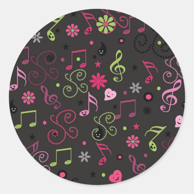 Cute adorable music notes flowers classic round sticker (Front)