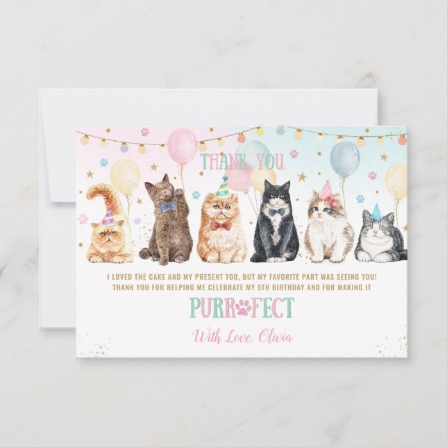 Cute Adorable Pawty Cats Balloons Birthday Party Thank You Card (Front)