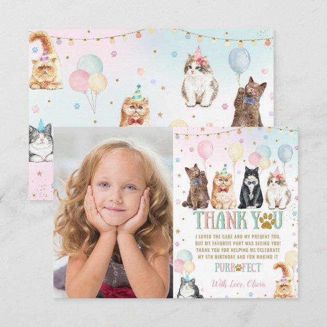 Cute Adorable Pawty Cats Balloons Birthday Photo Thank You Card (Front/Back)