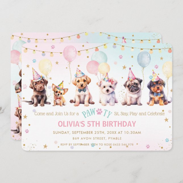 Cute Adorable Pawty Dog Puppy Birthday Party Invitation (Front/Back)