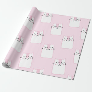 Cute Adorable Pink White Cats Kittens Pattern Wrapping Paper