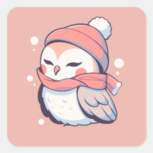 Cute Adorable Pink Winter Christmas Owl Kawaii Square Sticker
