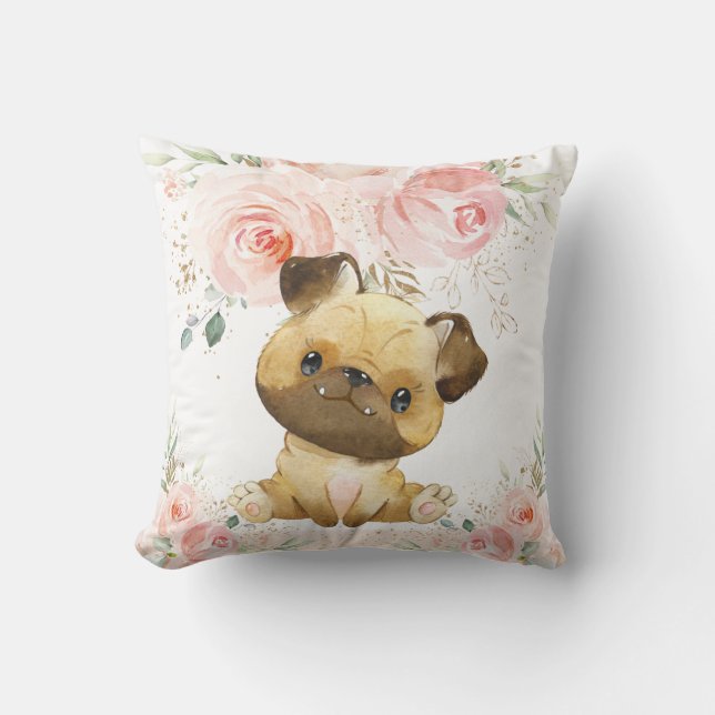 Cute Adorable Pug Dog Blush Pink Floral Girl Cushion (Front)