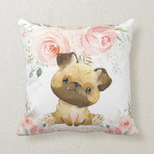Cute Adorable Pug Dog Blush Pink Floral Girl Cushion