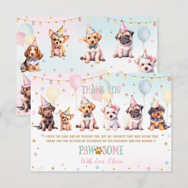 Cute Adorable Puppy Dog Balloons Birthday Party Thank You Card (Front/Back)