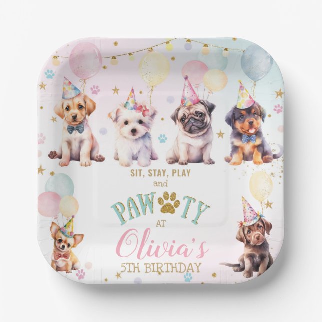 Cute Adorable Puppy Dogs Balloons Birthday Party Paper Plate (Front)