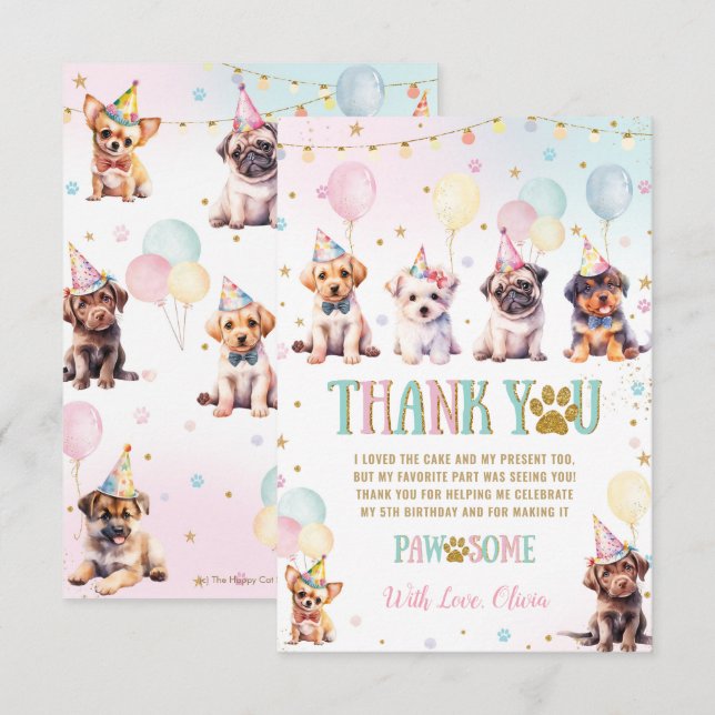 Cute Adorable Puppy Dogs Balloons Birthday Party Thank You Card (Front/Back)