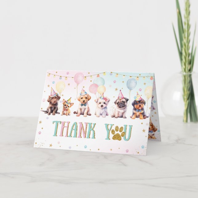 Cute Adorable Puppy Dogs Balloons Birthday Party  Thank You Card (Front)