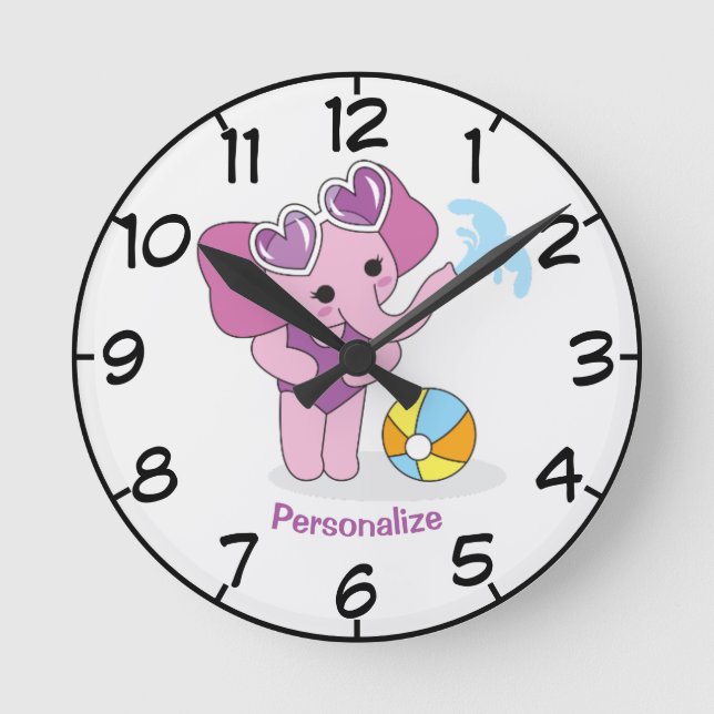 Cute & Adorable Purple Baby Elephant Cartoon Round Clock (Front)