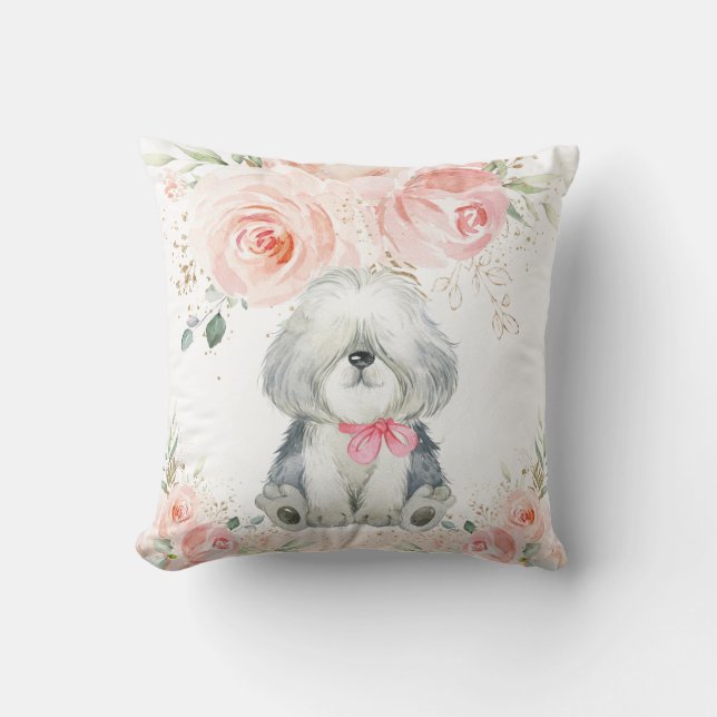 Cute Adorable Sheepdog Dog Blush Pink Floral Girl Cushion (Front)