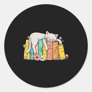 Cute adorable sleeping cat and books cosy book classic round sticker
