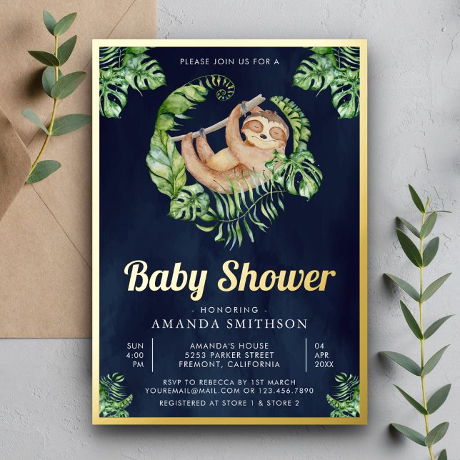 Cute Adorable Sloth Navy Blue Baby Shower Gold (Creator Uploaded)