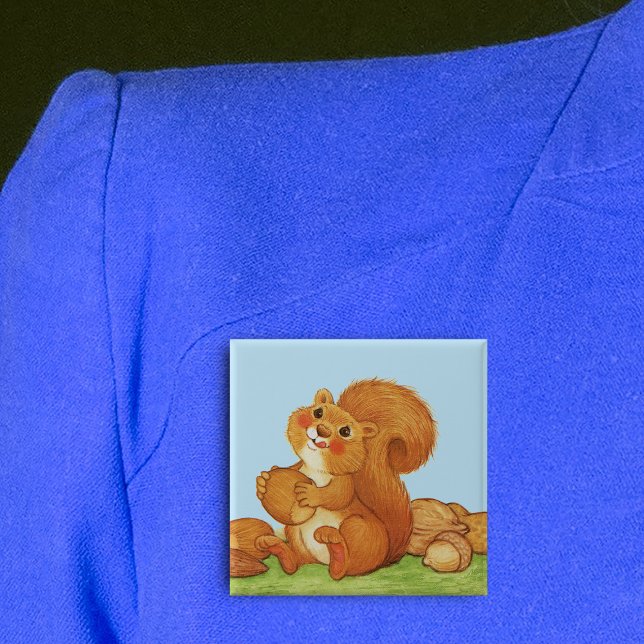 Cute Adorable Squirrel Nuts 15 Cm Square Badge (Cute red squirrel licking his lips in grass with acorns under blue sky on square pin back button.)
